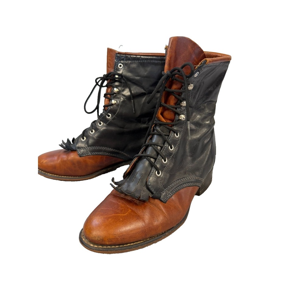 Laredo Two-Tone Leather Lace-up Kiltie Fringe Western Boots Women's Size 6.5